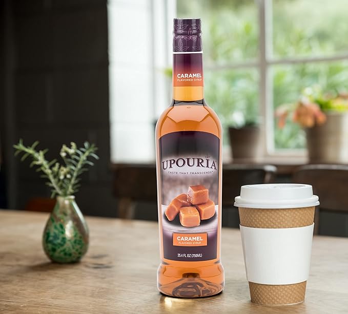 Upouria Caramel Coffee Syrup Flavoring, 100% Vegan, Gluten-Free, Kosher, 750 mL Bottle - Coffee Syrup Pump Included