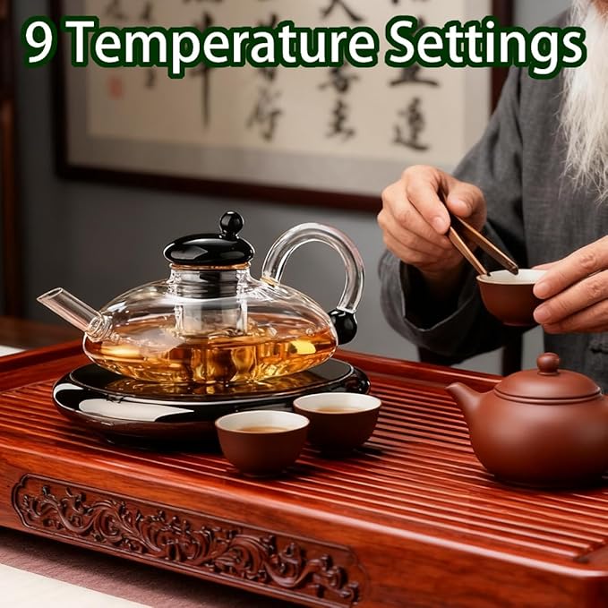 Electric Glass Teapot with Warmer - 20 Oz Glass Electric Tea Kettle with Infuser, 9-Temperature | 1000w Heating Ceramic Stove, TeaPot Set with Infuser for Loos Tea & Coffee (Grey-without Base)