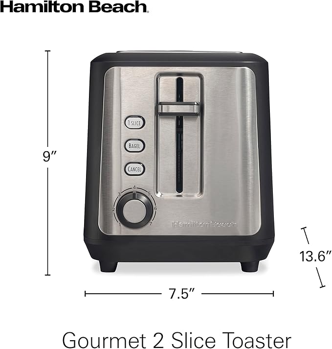 Hamilton Beach Gourmet 2 Slice Slot Toaster with Extra Long & Wide Slots, Sure-Toast Technology, Shade Selector with 7 Browning Levels, Bagel Setting, Matte Black and Stainless Steel (22996)