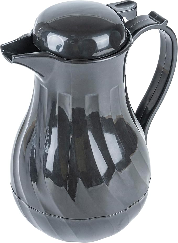 Restaurantware-Restpresso 42 Ounce Coffee Carafe, 1 Insulated Coffee Server - Push-Button Top, Swirl Design, Black Plastic Pitcher, Built-In Handle, With Identification Tags