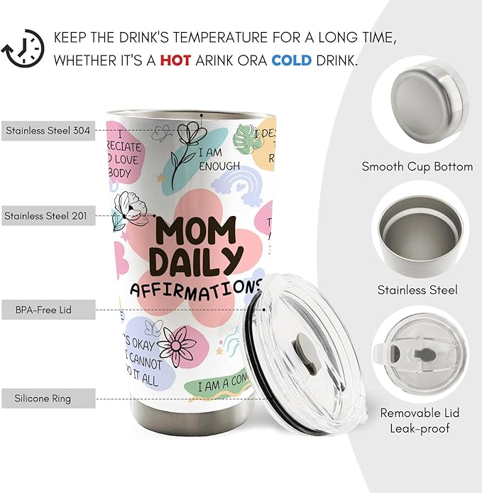 Mom Daily Affirmations 20oz Stainless Steel Insulated Travel Mug Tumbler with Lid and Straw