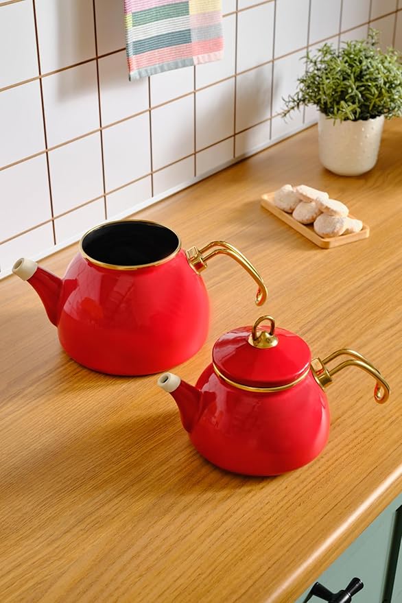 Karaca Retro Turkish Teapot for Stovetop, 1.1L Turkish Tea Pot & 2.3L Kettle, Dishwasher Safe, Induction Tea Pot Set, Vibrant Color Lasting Enamel, Samovar Style, Red