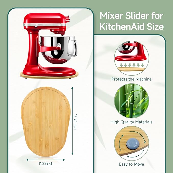 Mixer Slider Compatible with 5.5-8 QT Kitchen Aid Stand Mixers, Kitchen Countertop Storage Mover Sliding Caddy Mixer Slider Mat for Kitchen Aid Stand Mixer Accessories Attachment (Bamboo - Natura)