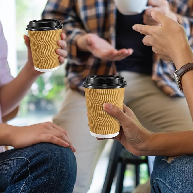 SIUQ 12 oz Coffee Cups-90 Pack Disposable Coffee Cups with Lids and Straws, Insulated Ripple Wall To Go Paper Coffee Cup for Coffee, Hot Chocolate and Hot Tea Drinks - Champagne