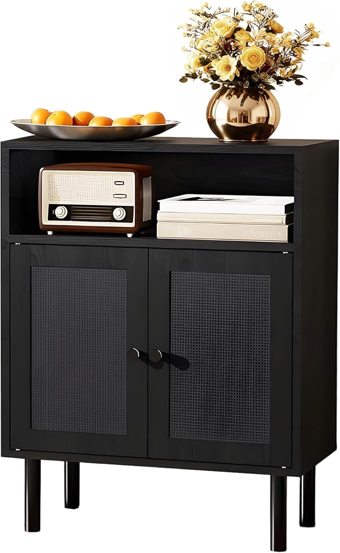 Rattan Storage Cabinet, Boho Accent Cabinet with Double Doors, Small Freestanding Sideboard for Hallway, Laundry Room,Kitchen, Dining Room, Entryway(Black)