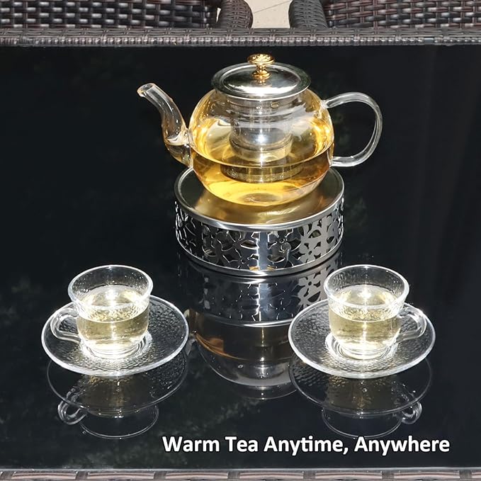 Tea Warmer Petals Silhouette, JUKFITA Silver Brushed Stainless Steel Teapot Warmer, Includes 1 Tealight Holder