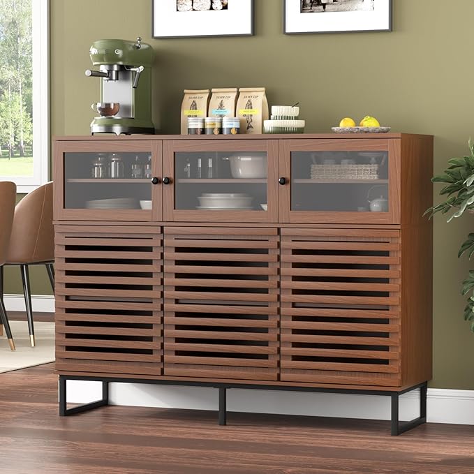 Vabches 47.2" Buffet Cabinet with Storage, Mid Century Modern Sideboard Coffee Bar Cabinet with Grille Doors & Adjustable Shelves for Kitchen, Dining Room, Living Room, Walnut