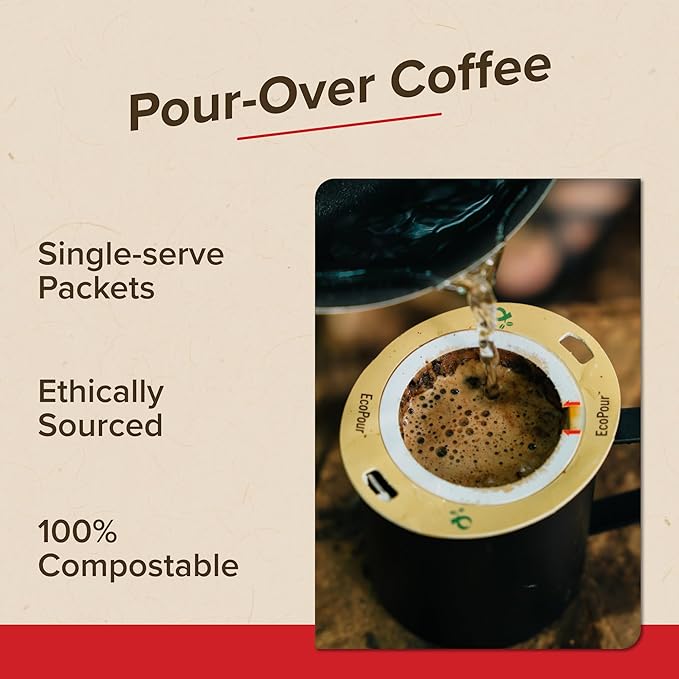 Coulée EcoPour B.I.O.N. Coffee, Single Serve Pour Over Decaffeinated Coffee, for Camping or Traveling, Pre Filled Compostable Filters, Ready to Brew with Hot Water, 20 Pack