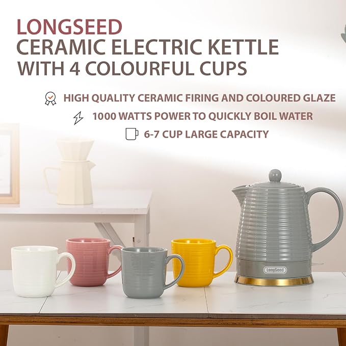 1.2 Liter Ceramic Electric Kettle Pot with Infuser & Mug, 1000W Boil Water Teapot, Fast Boiling, Boil-Dry Protection, Automatic Shut-Off, Rotatable Base