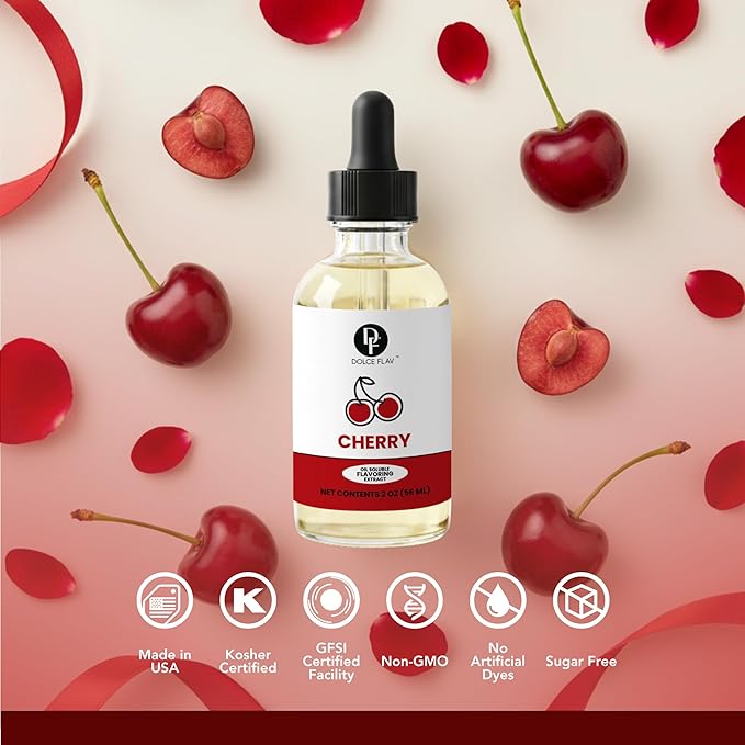 Dolce Flav Cherry Extract – 2 Ounce Oil-Soluble Kosher, Sugar-Free, Concentrated Fruity Flavor for Candy, Chocolates & Desserts, Includes Measured Dropper