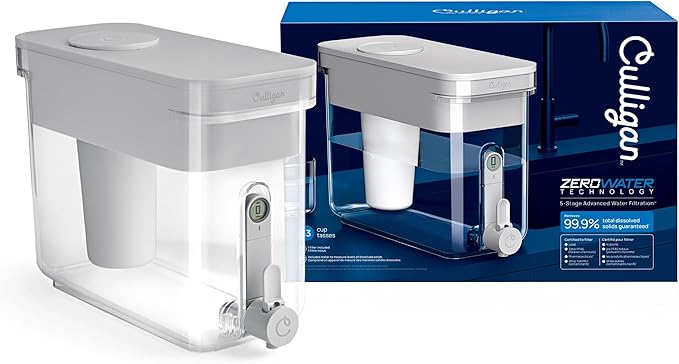 Culligan with ZeroWater Technology 33-Cup Water Filter Dispenser – Includes 5-Stage Advanced Water Filter, Certified to Reduce Lead, Total PFAS (Forever Chemicals), Mercury, Fluoride, and Chlorine