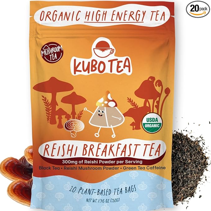 High Caffeine Mushroom Tea (155 mg) – Kubo Tea: Organic Reishi Breakfast Black Tea Bags for Clean Energy & Focus | Healthy Coffee Substitute | Mushroom-Infused Blend | 20 Ct | Compostable Packaging