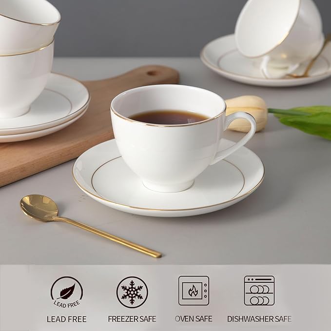 Bone China Tea Cups and Saucers Set (7 oz, Set of 4) – White Luxury Fine Porcelain Mugs for Tea, Coffee, Latte Art, Barista Use, Elegant Gifting