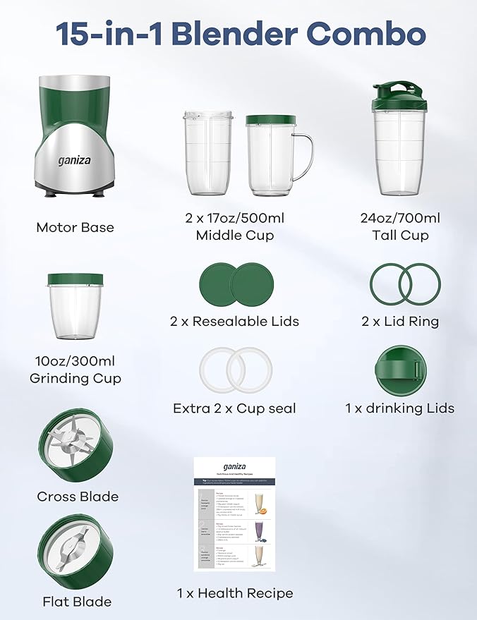 Ganiza Smoothie Blender, 900W Blenders for Shakes and Smoothies, GB10 Smoothies Maker with 4 BPA-Free Portable Cup, Nutritious Recipe (Green)