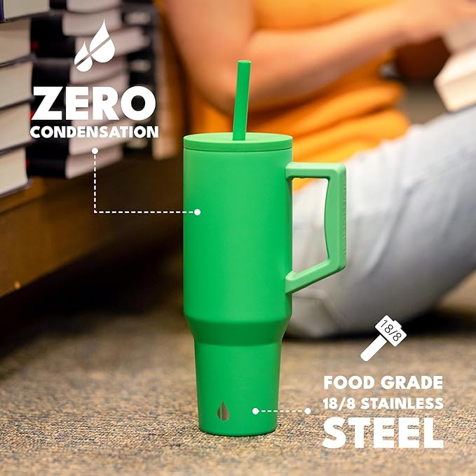 Elemental 40 oz Tumbler with Handle and Straw - Spill Proof Insulated Stainless Steel Commuter for Hot and Cold Beverages - Travel Coffee Mug with 2 Straws & Spill Proof Lid - 40oz - Green