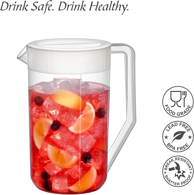 Amazing Abby - Kitchen Party - 2-Quart Plastic Pitcher (2-Pack), Unbreakable Water Pitcher with Lid, BPA-Free, Heat-Resistant, Dishwasher-Safe, Great for Both Iced and Hot Drinks, Indoors and Outdoors