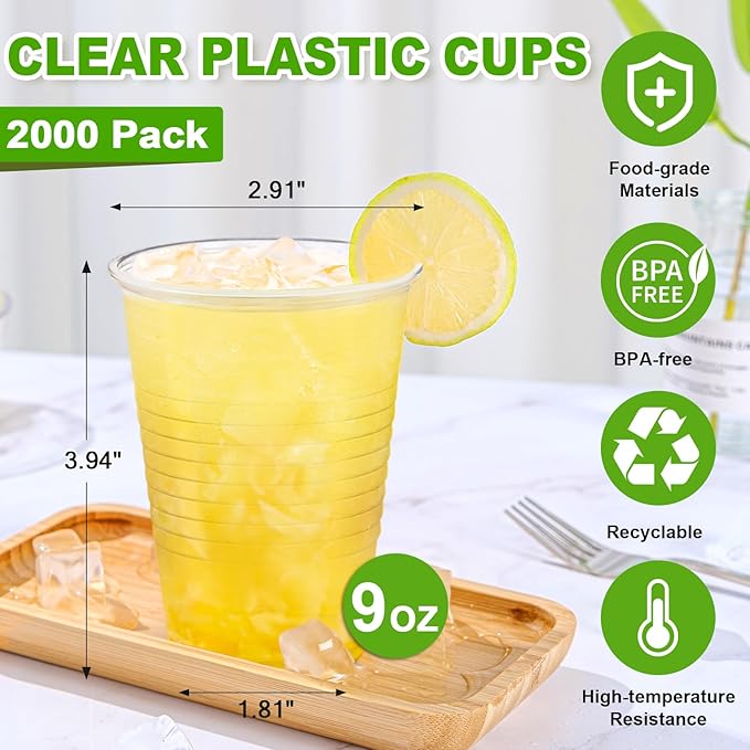 SIUQ 2000 Pack 9 oz Clear Plastic Cups, Disposable Water Cups, Cold Party Drinking Cup for Picnic, BBQ, Wedding, Travel, Halloween, Christmas, Events