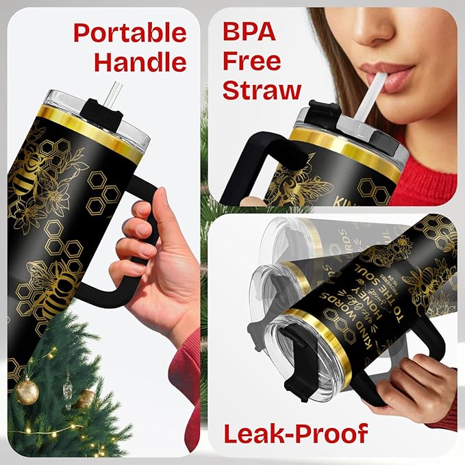 34HD Honey Bee Tumbler with Handle & Straw, 40oz Stainless Steel Vacuum Insulated Christian Coffee Mug, Bee Gifts for Birthday Mothers Day Christmas, Gifts for Women Teachers Mom Daughter Friend