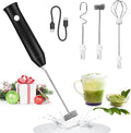 Milk Frother Handheld Rechargeable USB C, 3-in-1 Coffee Frother Wand Drink Mixer Electric Whisk Stirrer with 3 Detachable Stainless Steel Heads, 3 Speed Powder Mixer Foam Maker for Xmas Gift, Black