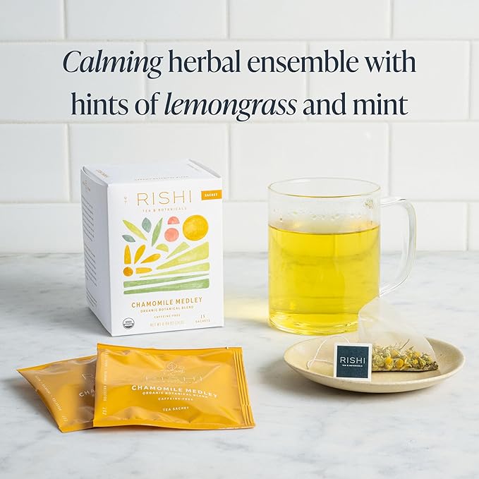 Rishi Tea Chamomile Medley Herbal Tea - Organic, Caffeine Free Sachet Tea Bags, Sleep Friendly Calming Chamomile Flowers with Lemon Verbena & Mint - 15 Count (Pack of 6)