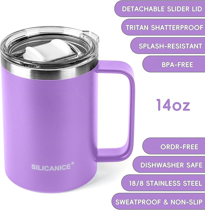14/24oz Insulated Coffee Mug Cup With Handle, 304 Stainless Steel Vacuum Insulation, Tritan Detachable Slider Lid, BPA Free, Dishwasher Safe - Office & Home - Lilac