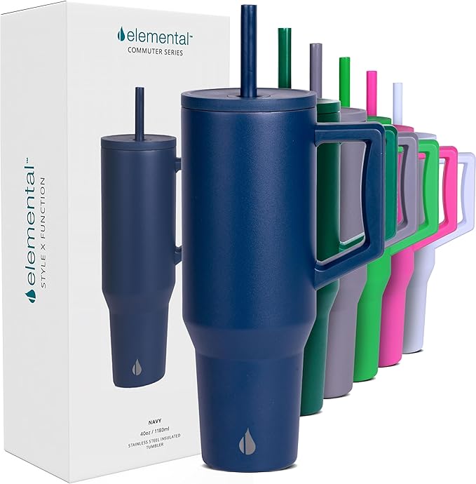 Elemental 40 oz Tumbler with Handle and Straw - Spill Proof Insulated Stainless Steel Commuter for Hot and Cold Beverages - Travel Coffee Mug with 2 Straws & Spill Proof Lid - 40oz - Navy Blue