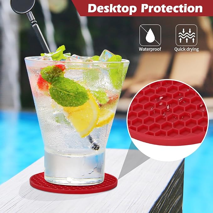 Coasters Set of 6 with Holder,Coasters for Drinks,Coffee Table Decor Coaster,Suitable for Kinds Cups,Anti-Slip,Non-Stick,Silicone Cup Coaster and Living Room Decor (6 Pcs, Wine red)
