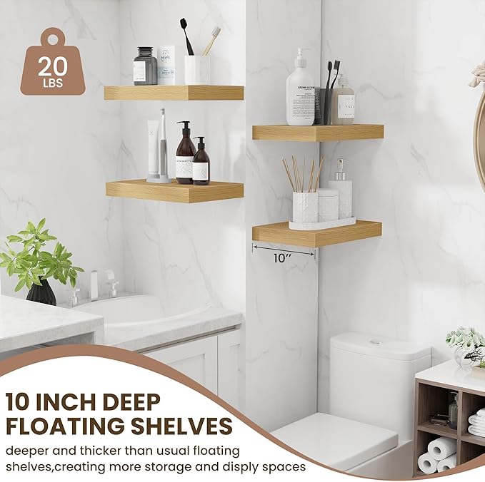 Fun Memories Floating Shelves for Wall - 10 x 16 Floating Shelf - Rustic Wood Storage Shelf - Wall Shelves with Invisible Bracket - 16" Bookshelves for Living Room & Bedroom - Oak - Set of 2