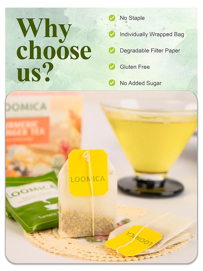LOOMICA Turmeric Ginger Tea Bags, Caffeine Free, 100% Natural Warm & Spicy Herbal Blend with Zesty Turmeric and Ginger for Comfort, Individually Wrapped Bags, 20 Counts