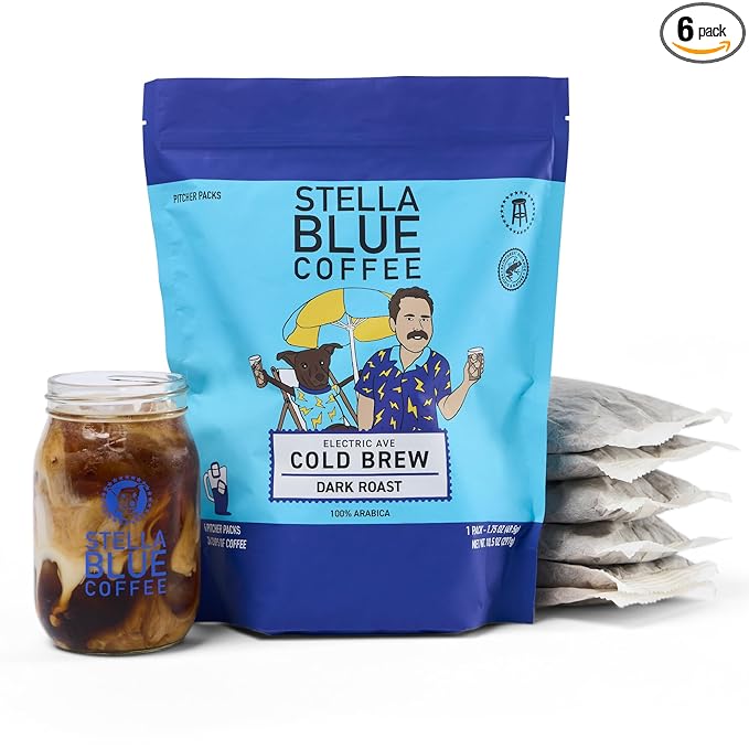 Stella Blue Cold Brew Coffee Bags, Electric Ave Blend, Dark Roast Ground Coffee, Smooth, Bold and Refreshing 100% Arabica, 6 Brew Packets, Makes 24 Cups, Rainforest Alliance Certified