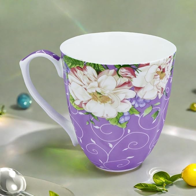 14oz Bone China Coffee Mug Floral Bone Mug Cute Coffee Mugs Teacup for Women Mom Friend (Romantic Purple)