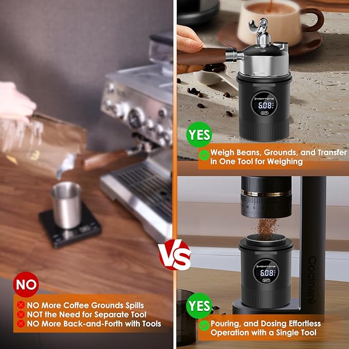 Homtone Coffee Dosing Cup with Scale, Rechargeable Espresso Scale, 0.05g Precision – Multi-Purpose for Espresso, Drip Coffee, French Press, Spices & More – Compatible with 58mm Portafilters (BLACK)