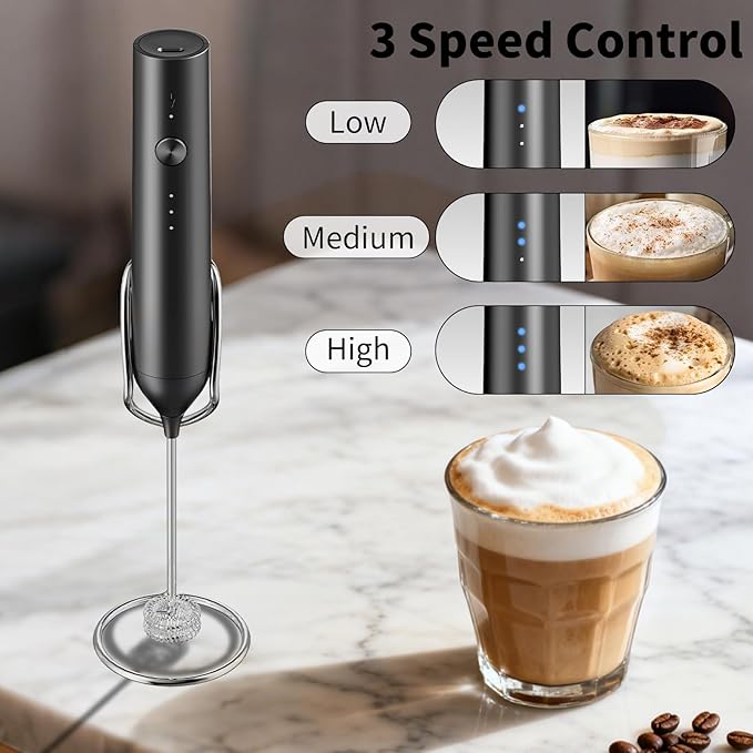 Kitchen Milk Frother Handheld with Stand, 3 Speeds Adjustable Mixer Electric Handheld Frother Wand, Hand Mixer Matcha Whisk Coffee Stirrers for Matcha, Hot Chocolate, Egg, Lattes - Black