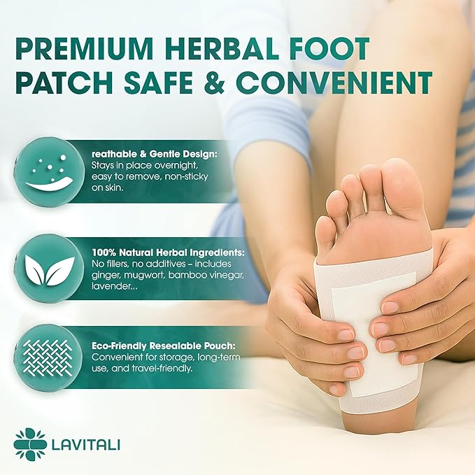 Lavitali, Bamboo Vinegar Foot Pads | 60 Pieces | Odor Control, Relaxation, Keep Warm for Soles| Breathable, Daily Natural Herbal Pads