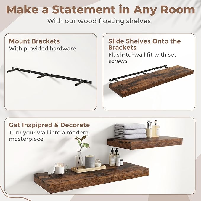 55 Inch Long Floating Shelves for Wall 2 Pack, 12"D Wood Grain Bathroom Shelves with Invisible Brackets, Easy Install Engineered Wood Storage Shelves for Kitchen, Living Room, Bedroom, Rustic Brown