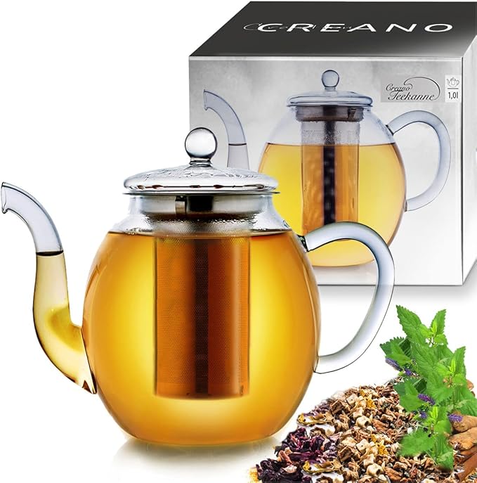 Creano glass teapot 34oz (1000ml), tea maker with integrated stainless steel strainer and glass lid, ideal for preparing loose teas, drip-free, all-in-one