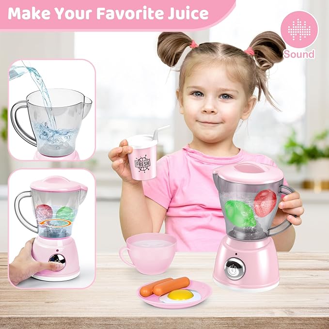 Shemira Play Kitchen Accessories, Play Kitchen Appliances Toy Set with Coffee Maker, Blender, Mixer, Toaster, Kids Kitchen Playset, Toys for 3 4 5 6 7 8 Year Old Girls, Birthday Gifts for Girls, Pink