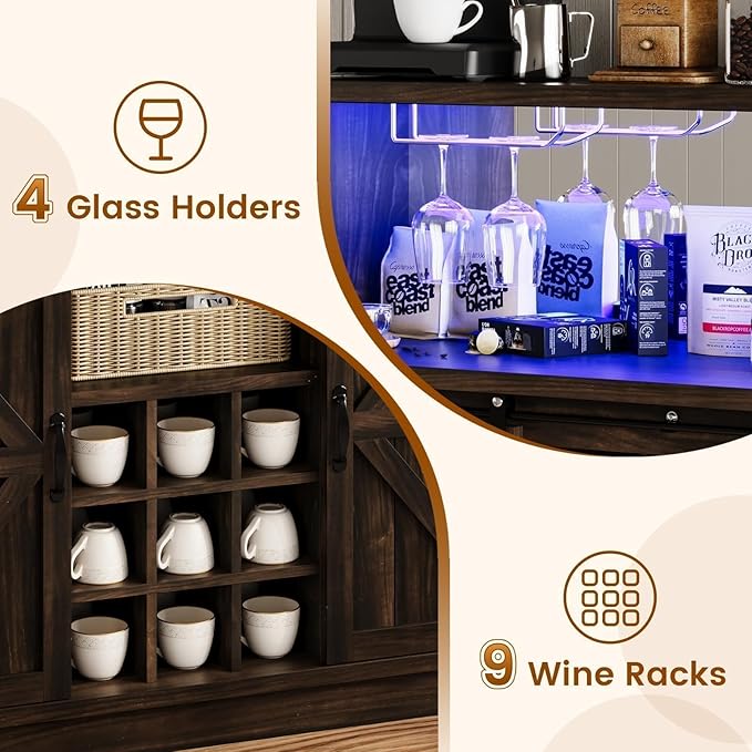 4ever2buy Farmhouse Coffee Bar Cabinet with LED Light & Mirror, 47” Buffet Cabinet with Sliding Barn Door,Coffee Bar with 4 Glass Hooks & 9 Wine Racks for Kitchen Dining Living Room, Brown