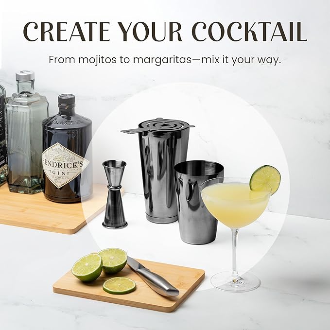 Mixology Cocktail Shaker Boston Shaker Set Professional Weighted Martini Shakers, Strainer and Japanese Jigger, Portable Bar Set for Drink Mixer Bartending, Exclusive Recipes Cards (Gun-Metal Black)