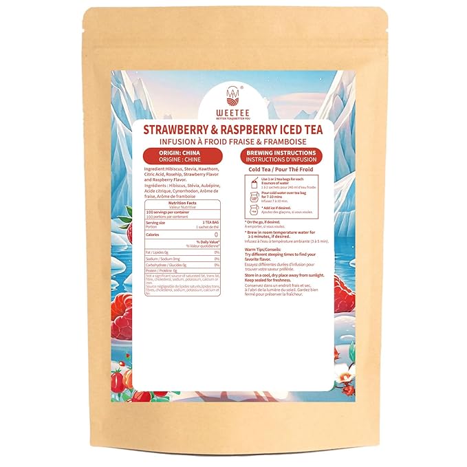 WT WEETEE Strawberry & Raspberry Herbal Iced Tea, 100 Count Cold Brew Hibiscus Iced Tea Bags, Rich Tartness & Sweetness, Caffeine-Free, No Artificial Sweeteners