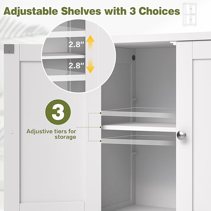 Nuturelly Bathroom Floor Storage Cabinet, Freestanding Pantry Cabinets with 4 Doors & 3 Adjustable Heights, Bathroom Organizers and Storage Waterproof Board & Metal Handles for Kitchen, Creamy White