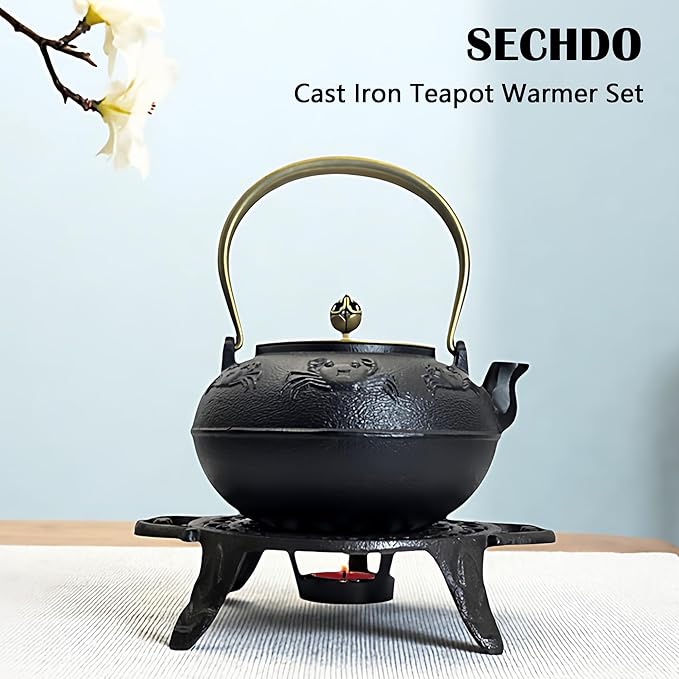44oz Cast Iron Teapot Set with Tea Light Warmer, Durable Japanese Tetsubin Teapot for Stovetop, Asian Tea Kettle for Adults, Elegant Durable Tea Gift Set (1300ml)