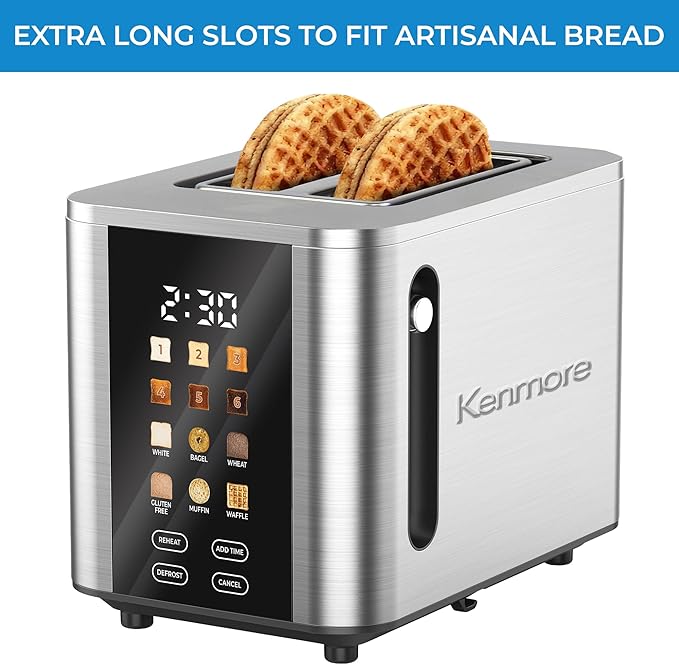 Kenmore 2-Slice Toaster | Color Touch Screen & 6 Shade Settings | Extra Wide Slots | Digital Countdown Timer | Customizable Smart Presets | Reheat, Defrost, Add Time Functions | Stainless Steel