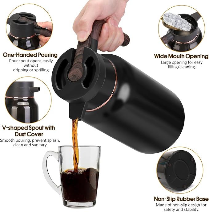 68oz Thermal Coffee Carafe, Stainless Steel Carafes for Hot Liquids 24 Hours, Insulated Coffee Carafes For Keeping Hot Coffee, Hot Water, Tea, Hot Beverage (Black)