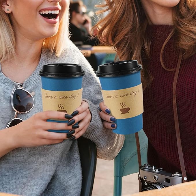 100 Pack 12 oz Coffee Cups with Lids, Disposable To Go Paper Coffee Cups with Sleeves and Stirring Sticks for Hot/Cold Drinks Office Home Shop Event (Navy)