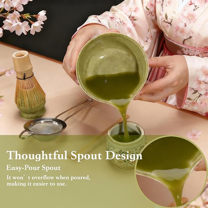 5Pcs Japanese Matcha Tea Set - Ceramic Bowl with Spout & Holder, Bamboo Whisk (Chasen), Scoop, Sifter - Complete Traditional Tea Ceremony Kit for Beginners, Gift for Tea Lovers(Green)