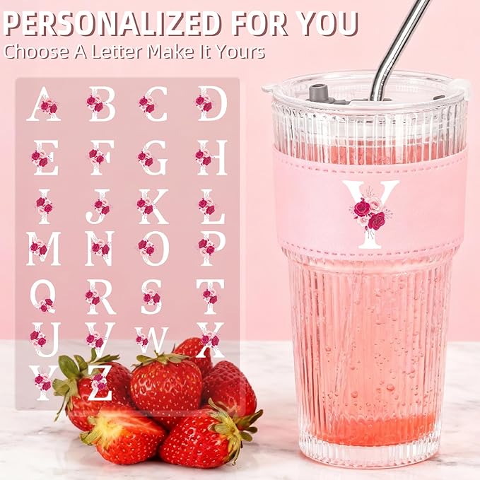 Personalized Gifts for Women,20oz Ribbed Glass Tumbler,Monogrammed Gifts for Women,Birthday Gift,Ice Coffee Mug,Christmas Gift for Mom Sister-Y