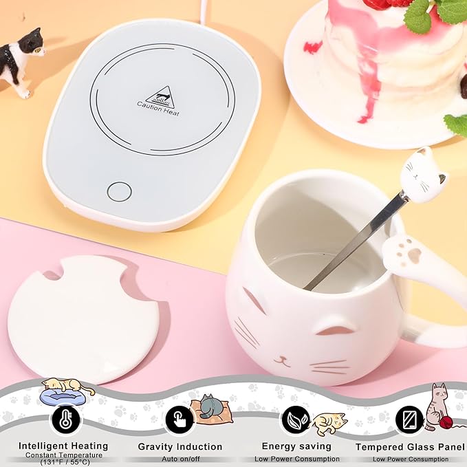 Cat Coffee Cup Warmer Coffee Warmer with Mug for Women Electric Coffee Mug Heater Temperature Control Ceramic Cute Cat Smart Coffee Warmer for Office Christmas Birthday Gift (White)