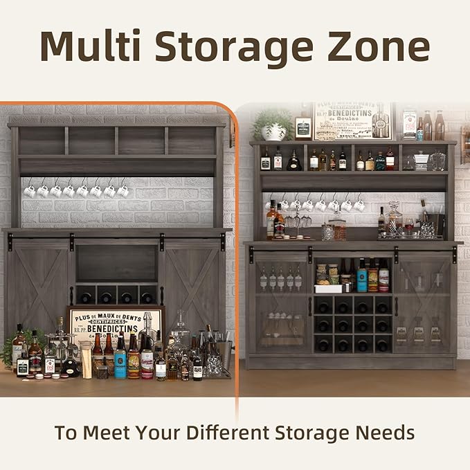 4ever2buy Farmhouse Coffee Bar Cabinet with 4 Storage Hutch, 55”Coffee Bar with Sliding Barn Doors, Hutch Cabinet with 12 Wine Racks & 8 Hooks for Dining Room, Kitchen, Wash Grey