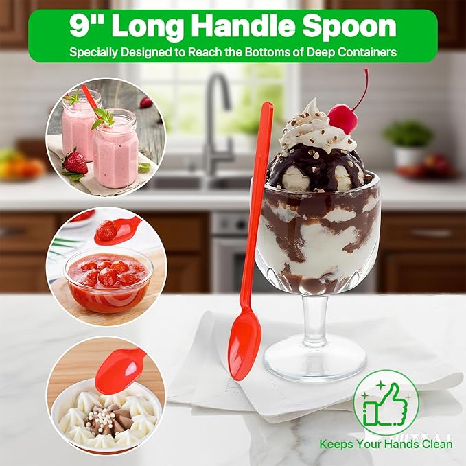 9" Plastic Spoons, Heavy Duty Disposable Spoons, Long Handle Spoon, Plastic Cutlery for Cocktail Stirring Dessert Milkshakes Ice Cream Tea and Floats (96 Pack)